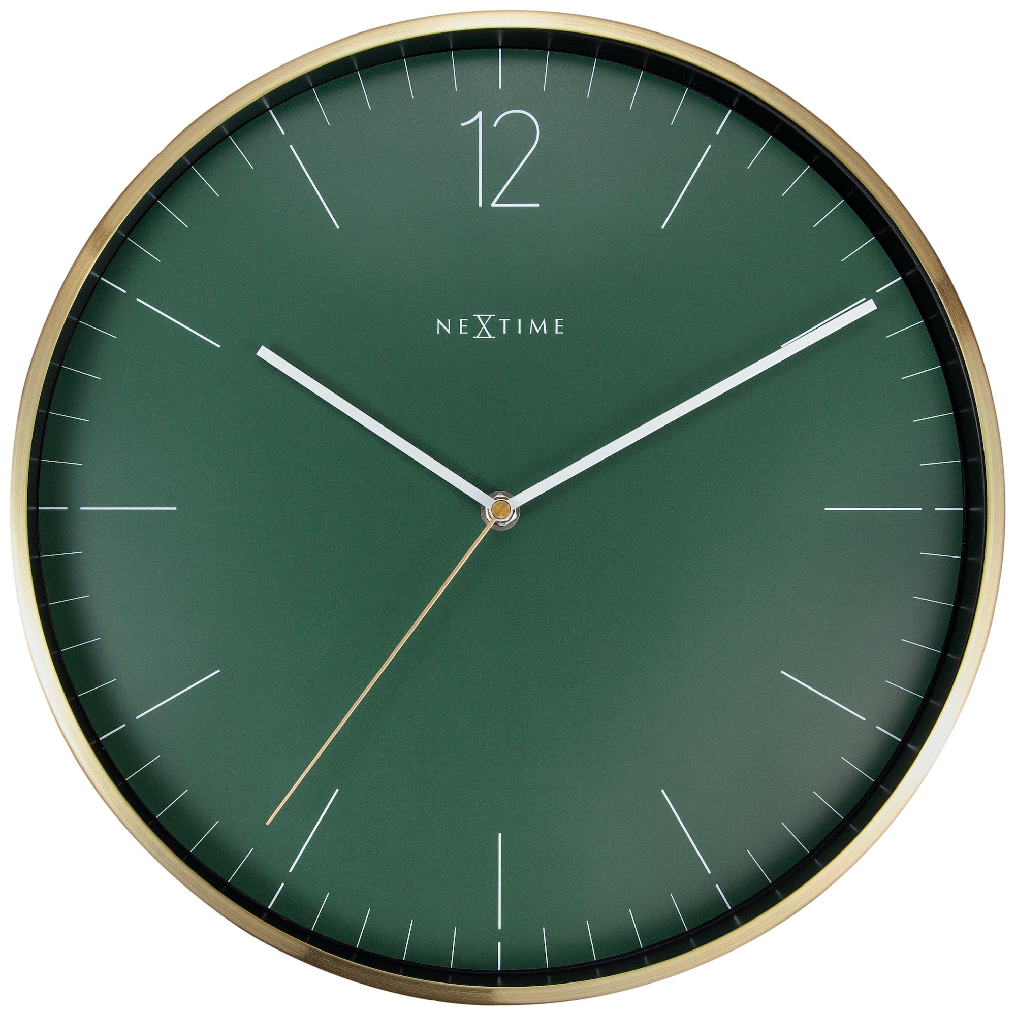 Vintage NeXtime Clocks wall clock, 34 cm glass and metal, gold finish with classic design and black clock hands.